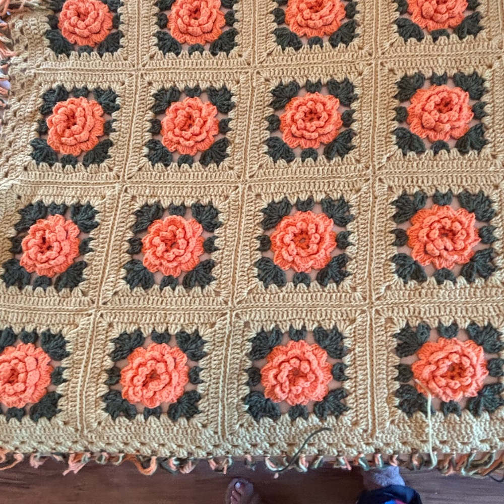 Handmade Crocheted Floral Granny Square Throw - Coral & Tan - Picture 7 of 13